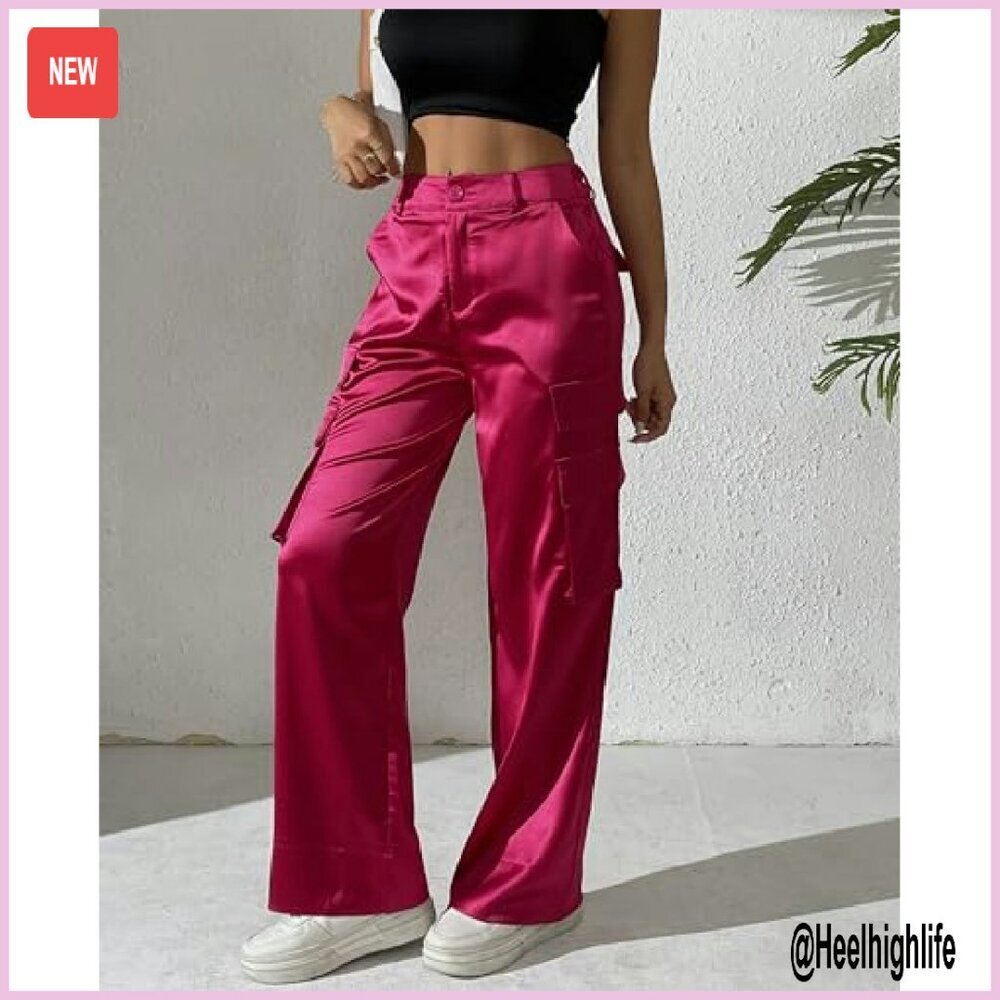 Satin Wide Leg Cargo Pants with Pockets High Waist Elastic - Picture 3 of 8